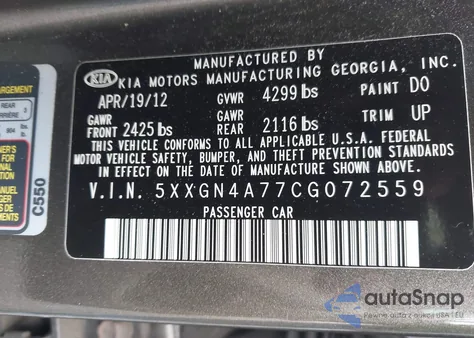 2012 Kia Optima Ex z USA, uszkodzony, nr VIN 5XXGN4A77CG072559